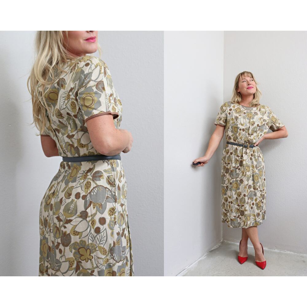 1950's Vintage Lampl Beige Floral Woven Metal Zipper Day Dress ~ Women's SM MD